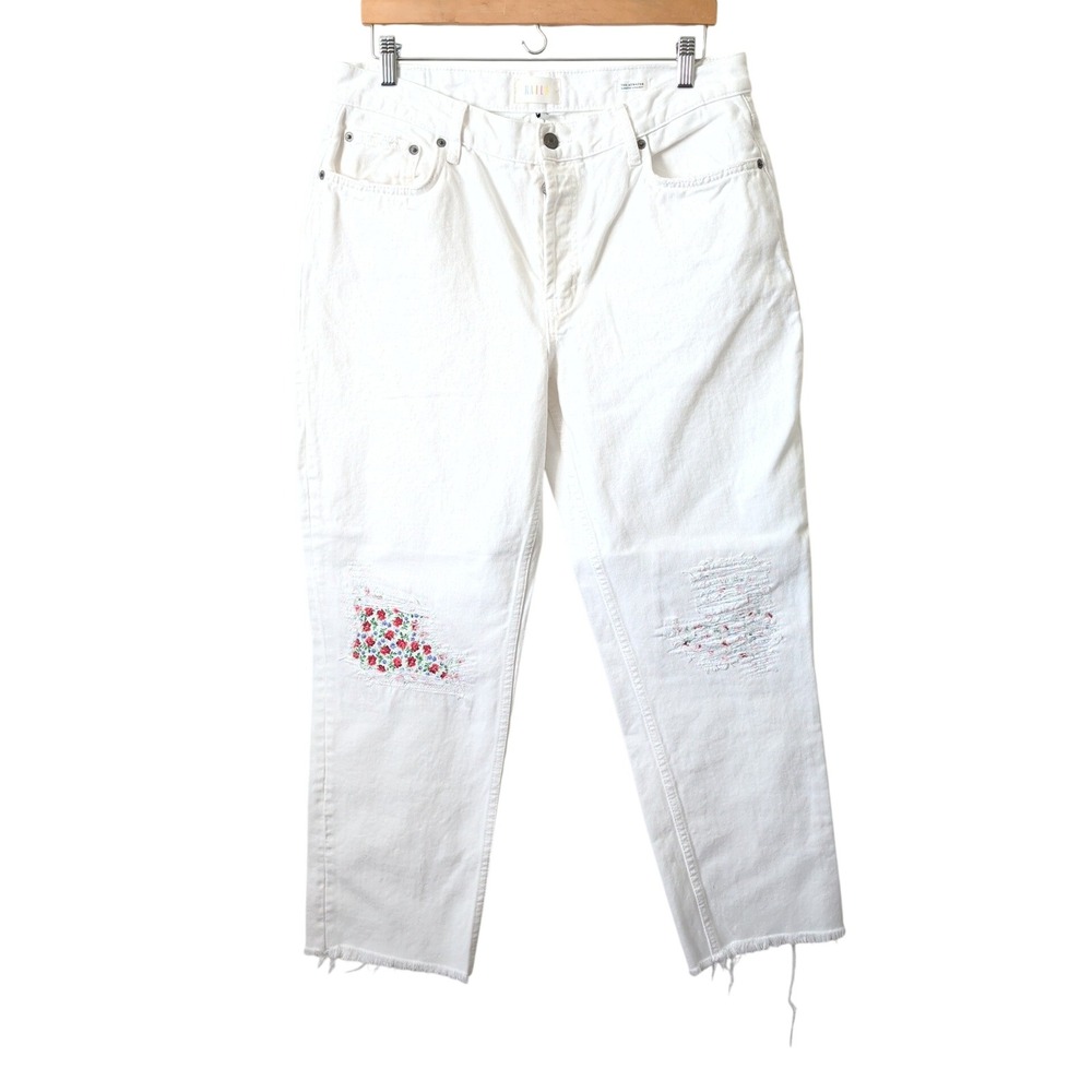 Rails The Atwater Slouchy Straight White Floral Patch Distressed Jeans Size 31